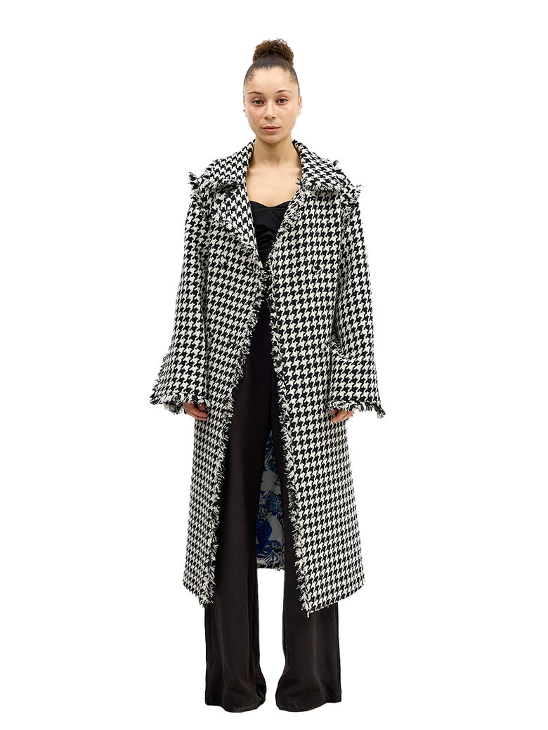 Houndstooth Fitted Coat with Fringes