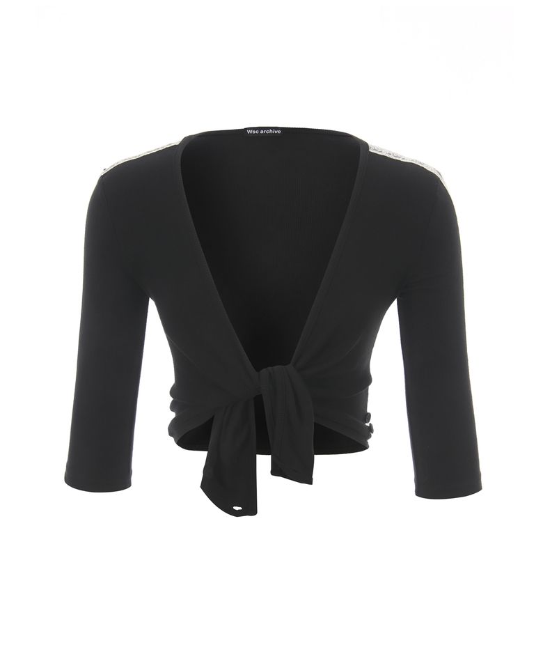 Lace button-up wrap T-shirt 001(Black)