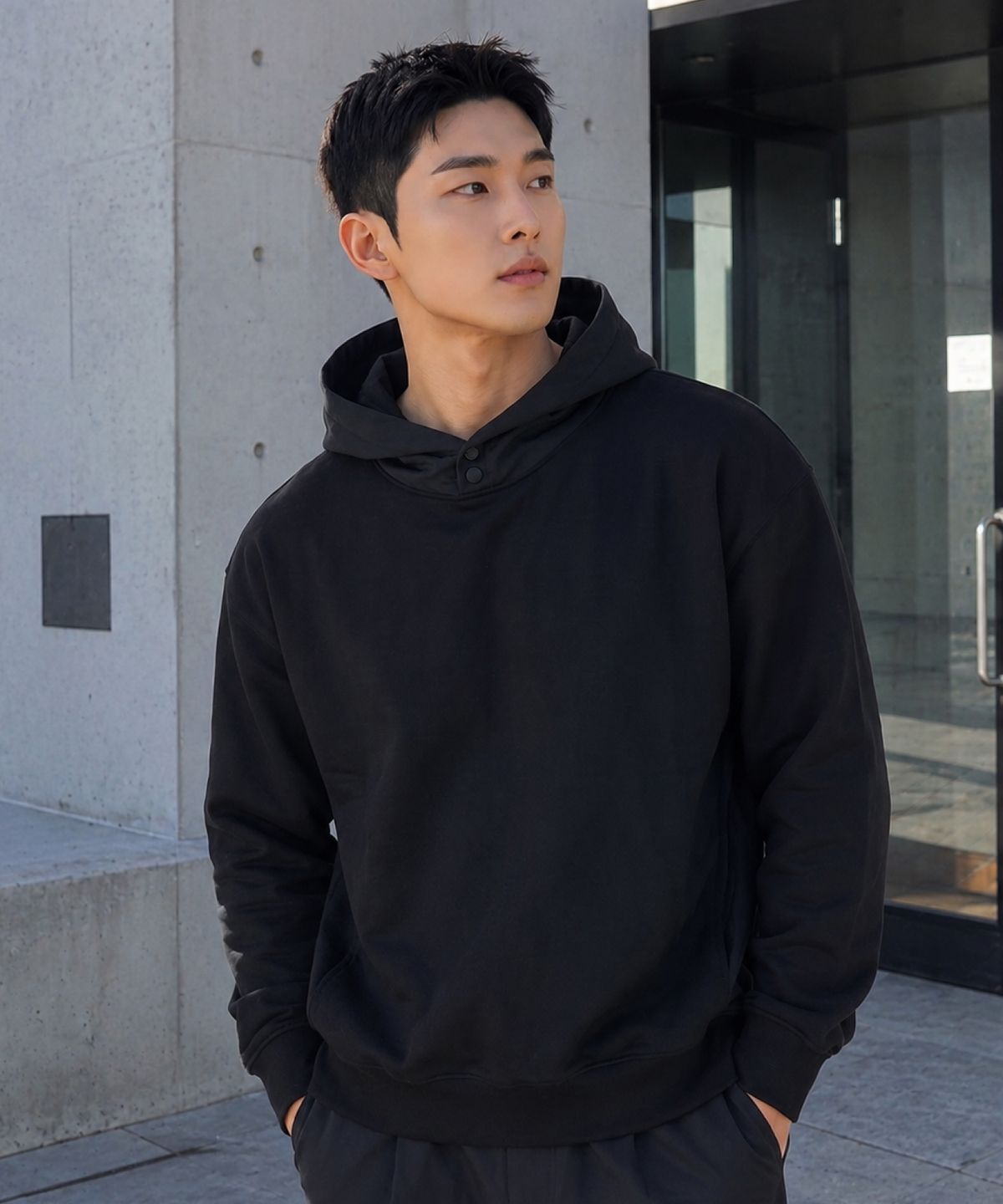에르비노(HERVINO) 믹스드 더블 버튼 후디[블랙]