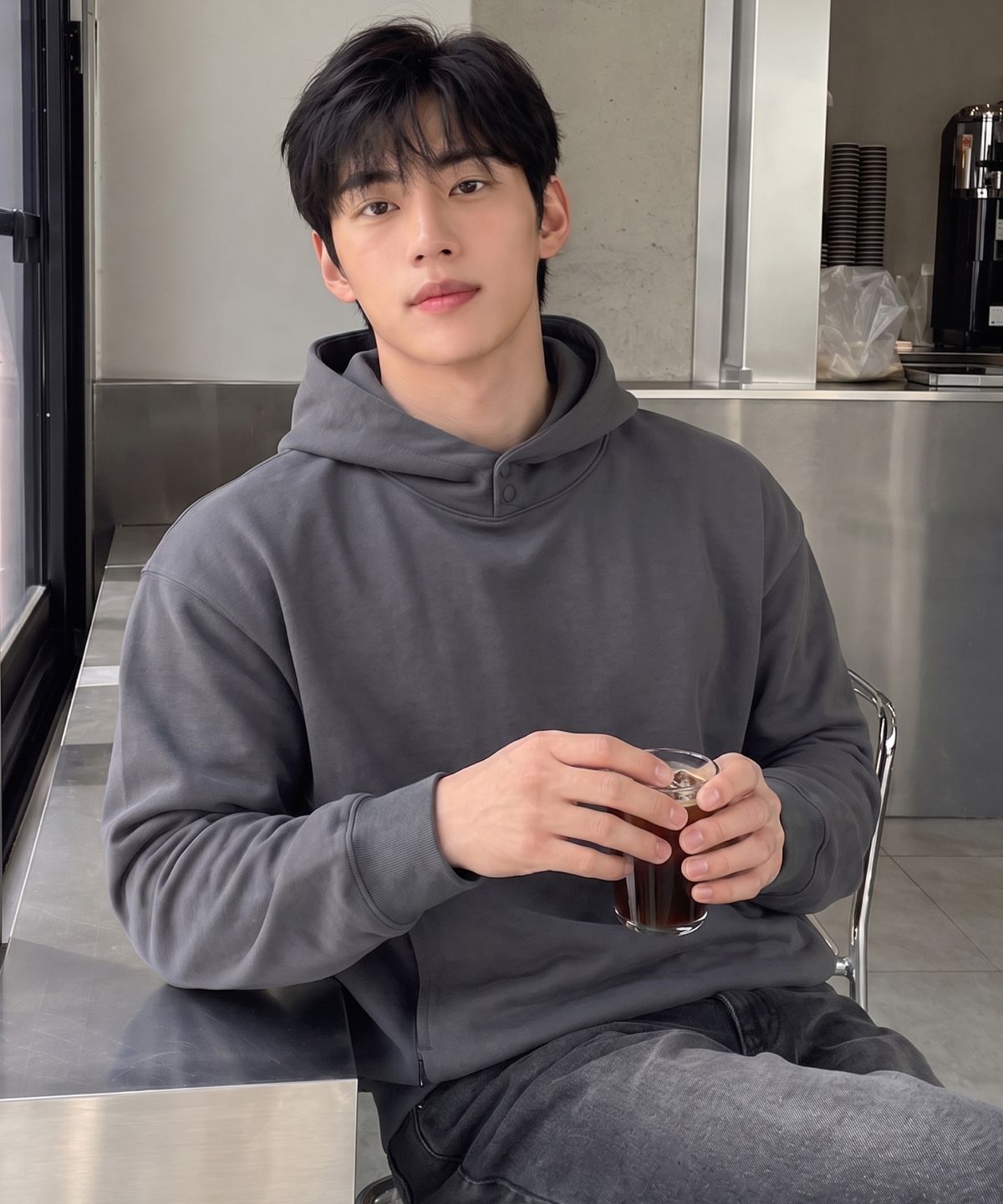 에르비노(HERVINO) 믹스드 더블 버튼 후디[그레이]