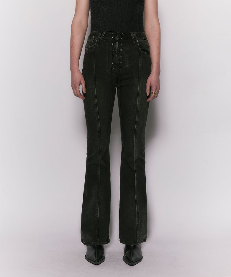 CORSET BOOTS CUT DENIM PANTS BLACK