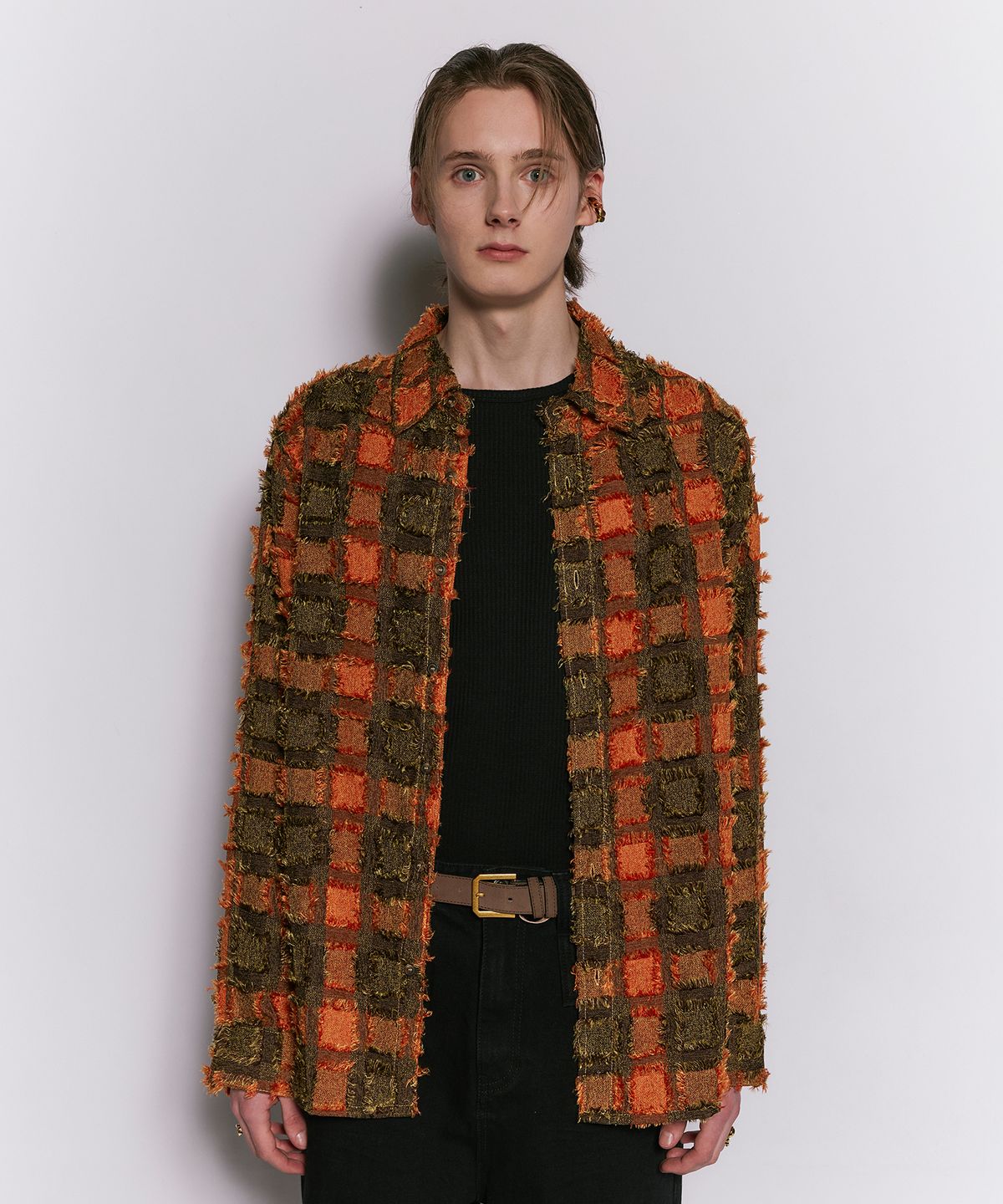 웨슬리 휴스턴(WESLEYHYUSTON) CUT OFF HAIRY CHECK SHIRT ORANGE