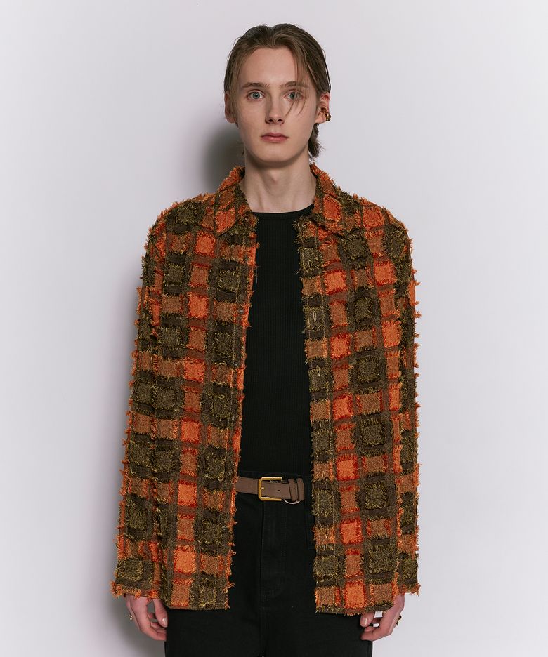 CUT OFF HAIRY CHECK SHIRT ORANGE