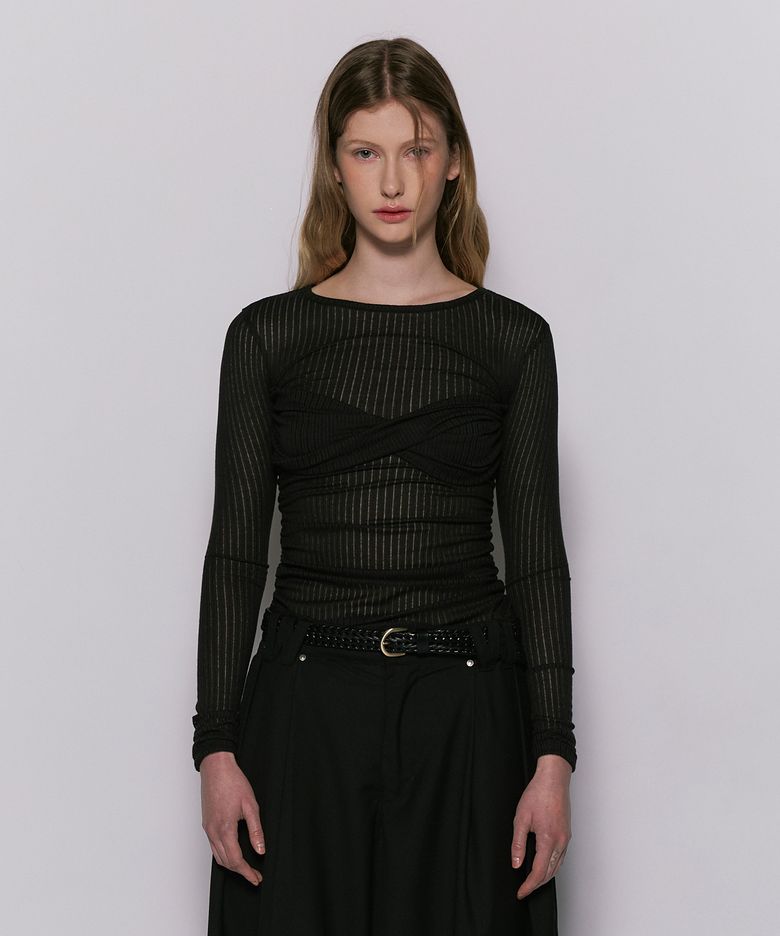 DRAPE SEE-THROUGH SHIRRING LONG SLEEVE BLACK