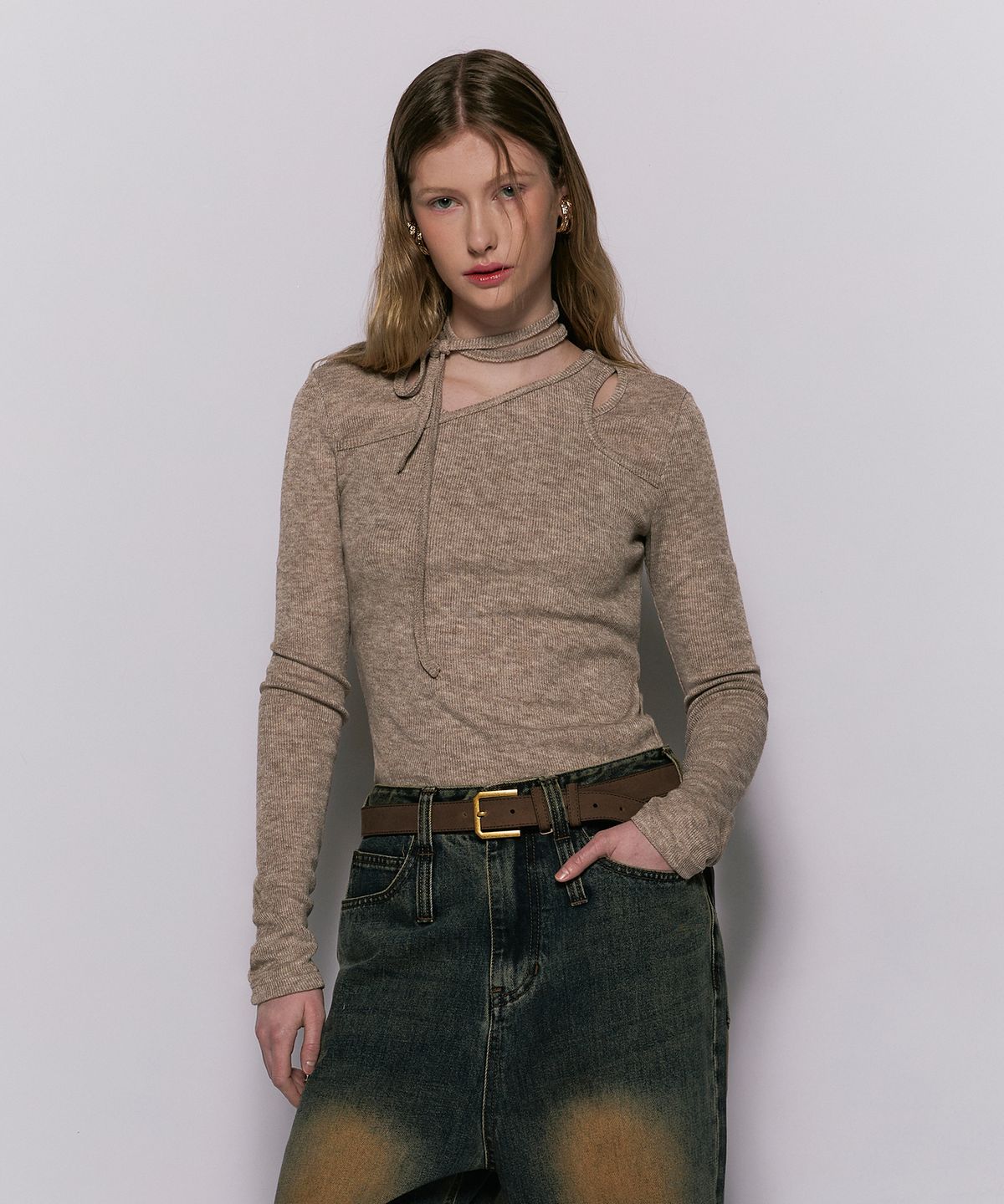 웨슬리 휴스턴(WESLEYHYUSTON) REVERSIBLE LAYERED SLIT RIBBED KNIT BEIGE