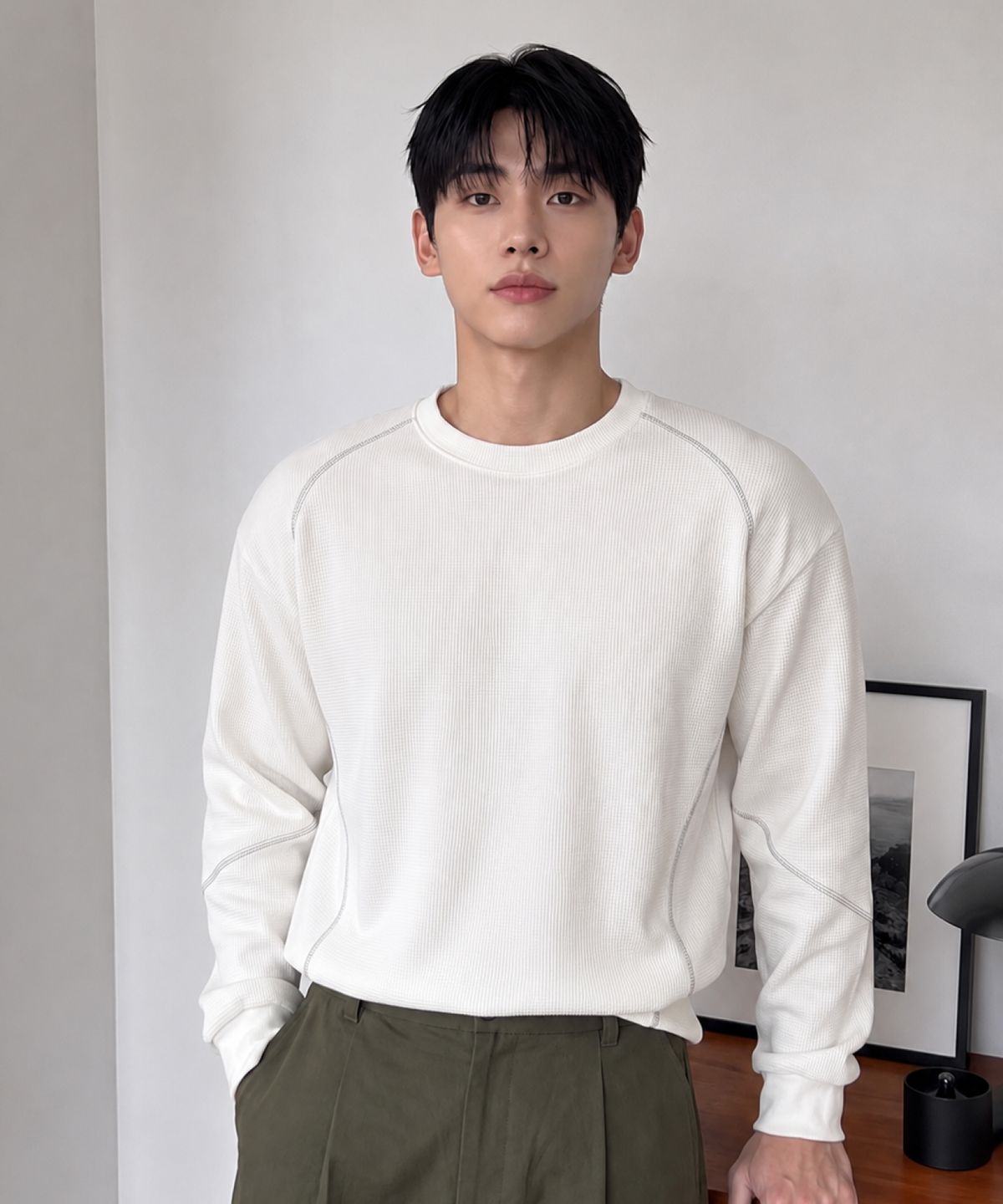 에르비노(HERVINO) 와플 스티치 롱 슬리브[아이보리]