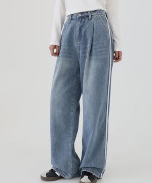 기모 따듯  더블라인 핀턱 와이드 데님 팬츠