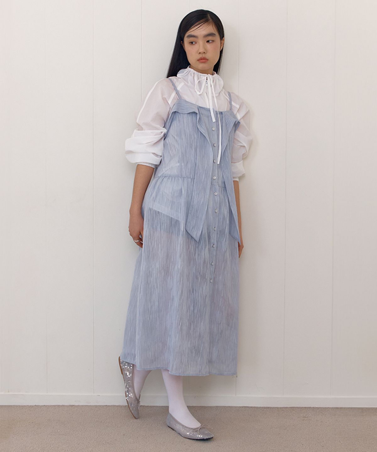 셀리테일즈(CELITAILS) SHEER RIBBON TIE DRESS_BLUE