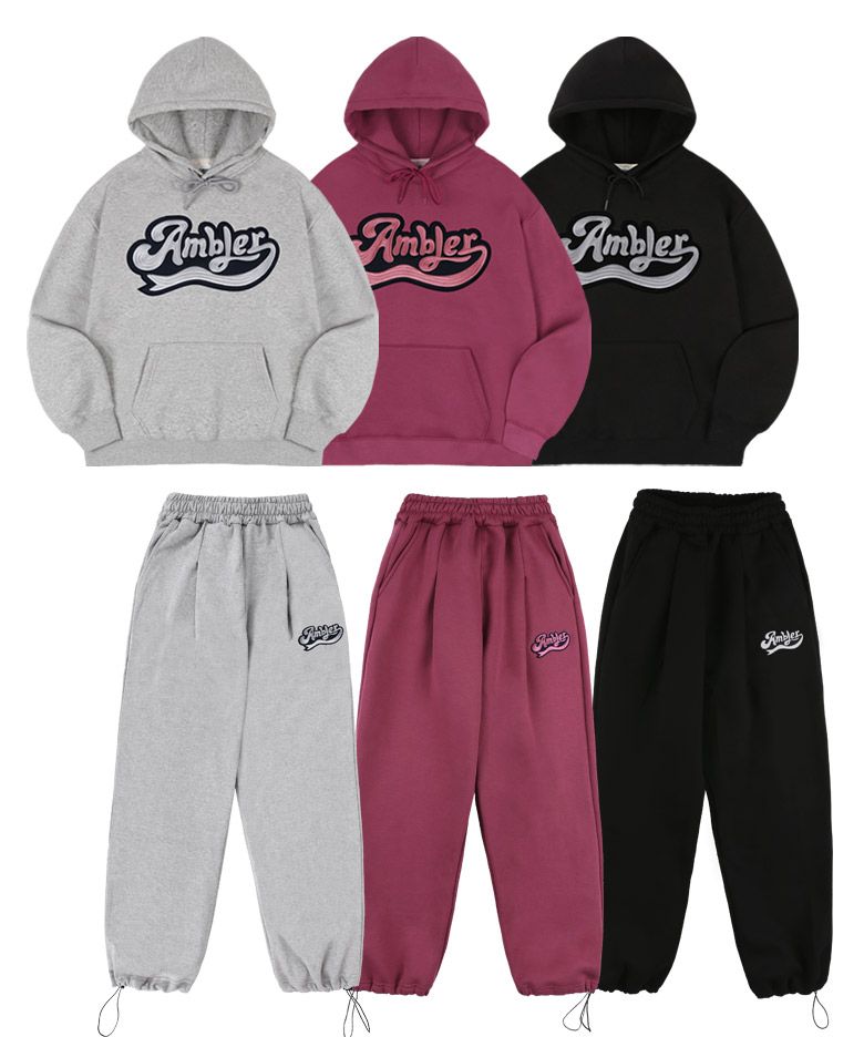 [SET] BIG AMBLER 자수 후드티 와이드 팬츠 트레이닝 셋업 (3color)