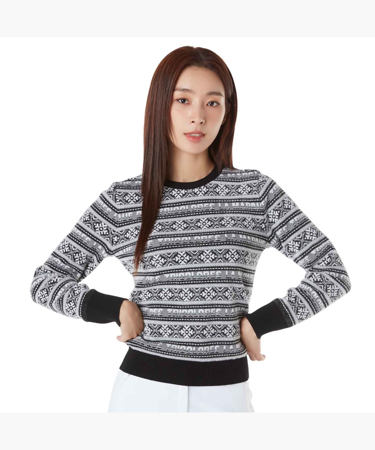 르꼬끄 골프(LECOQ GOLF) 여성 자카드 라운드넥 방풍 스웨터 (GP422LKPO3)