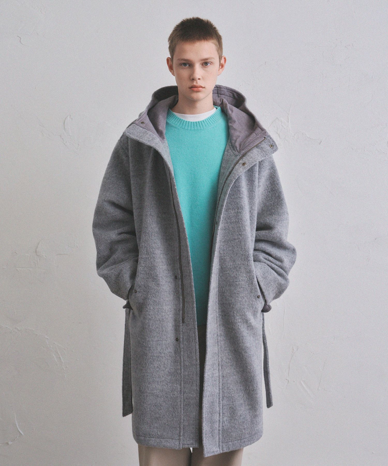 MUSINSA | LAFUDGESTORE Hairy Wool Trench Hooded Coat_Melange gray