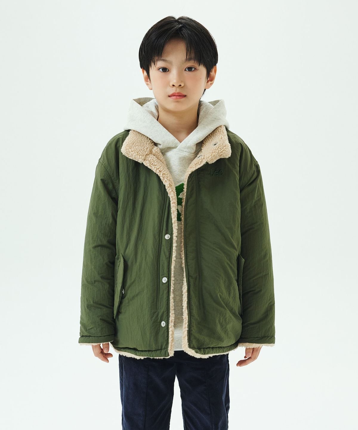 리 키즈(LEE KIDS) 리버서블 오버핏 쉐르파 점퍼 카키 LK2404JU02KH