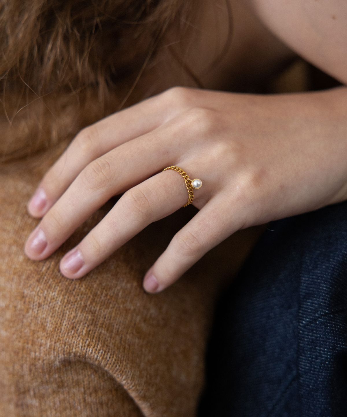 메리모티브(MERRYMOTIVE) Mini pearl and gold chain ring