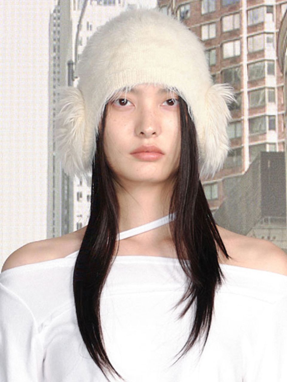★CERRIC★ANGORA EARMUFF BEANIE★1447_1448★Ivory_Charcoal★ ANGORA EARMUFF BEANIE / IVORY - CERRIC