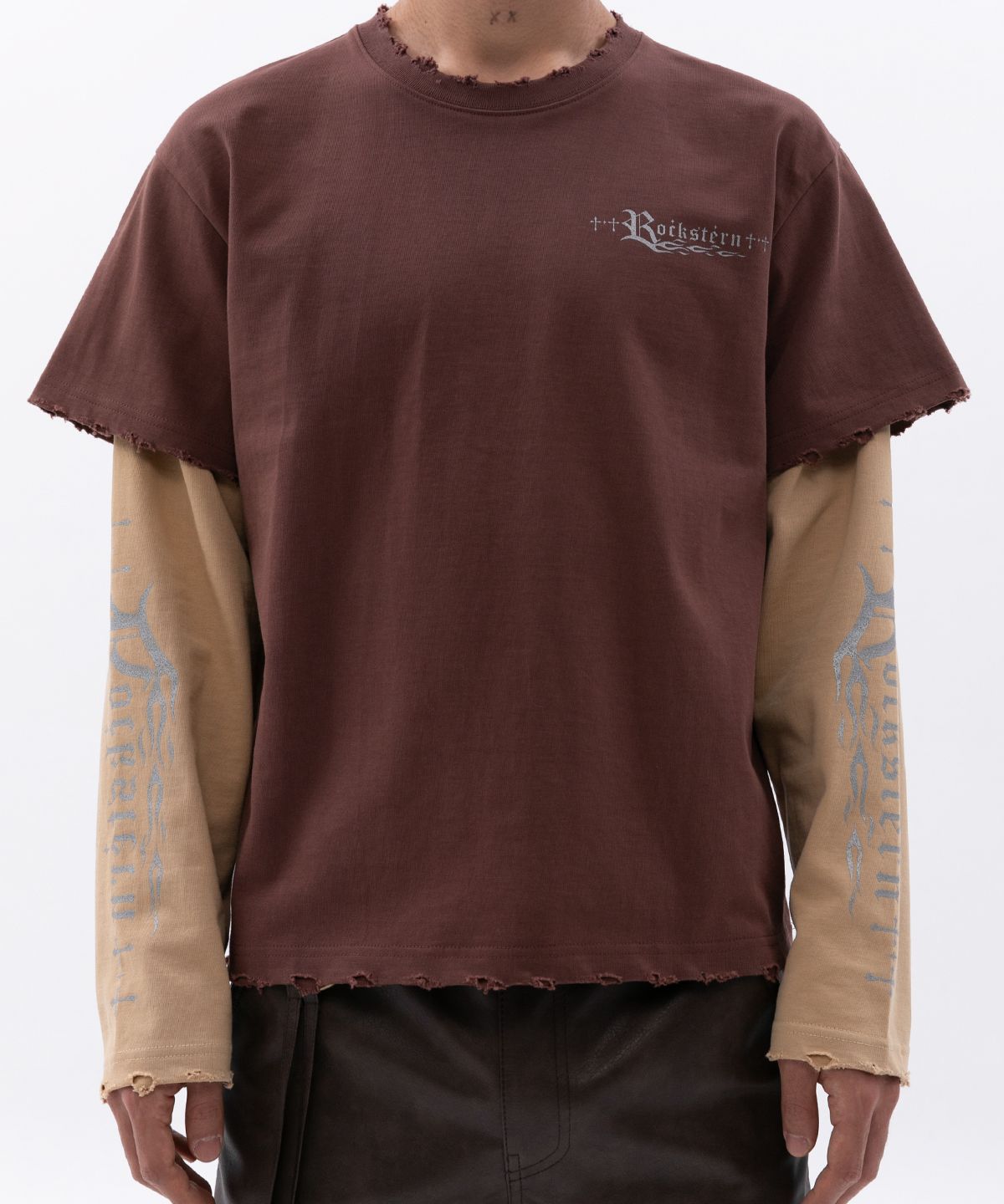 이에스씨 스튜디오(ESC STUDIO) damage washing layered t-shirt(brown)