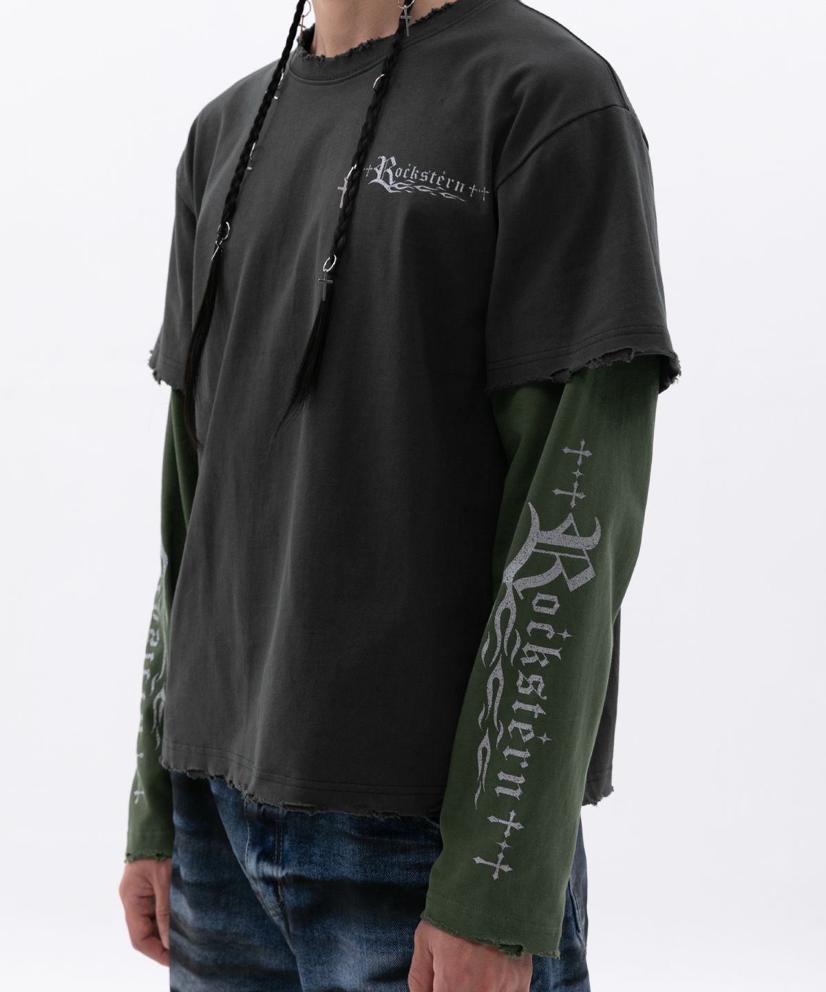 【ESC STUDIO】24SS★ damage washing piercing t-shirt MUSINSA | ESC STUDIO damage washing layered t-shirt(khaki)