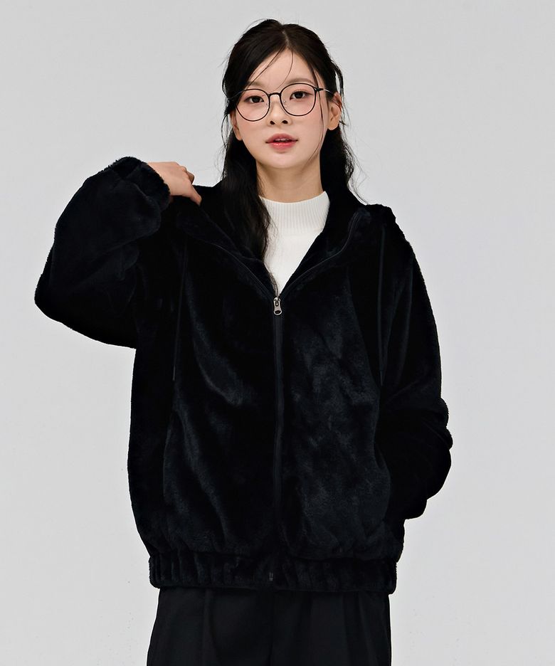 여성 퍼 후드 집업-블랙