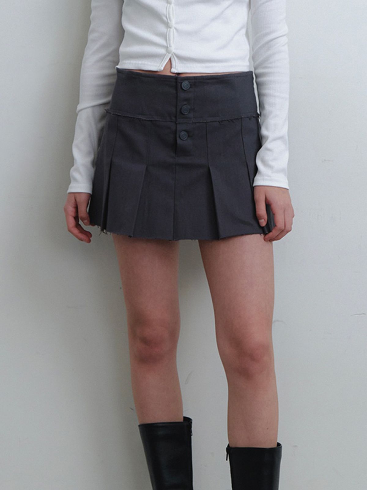 카인더베이비(KINDABABY) damage cutting pleats skirt - grayish chacoal