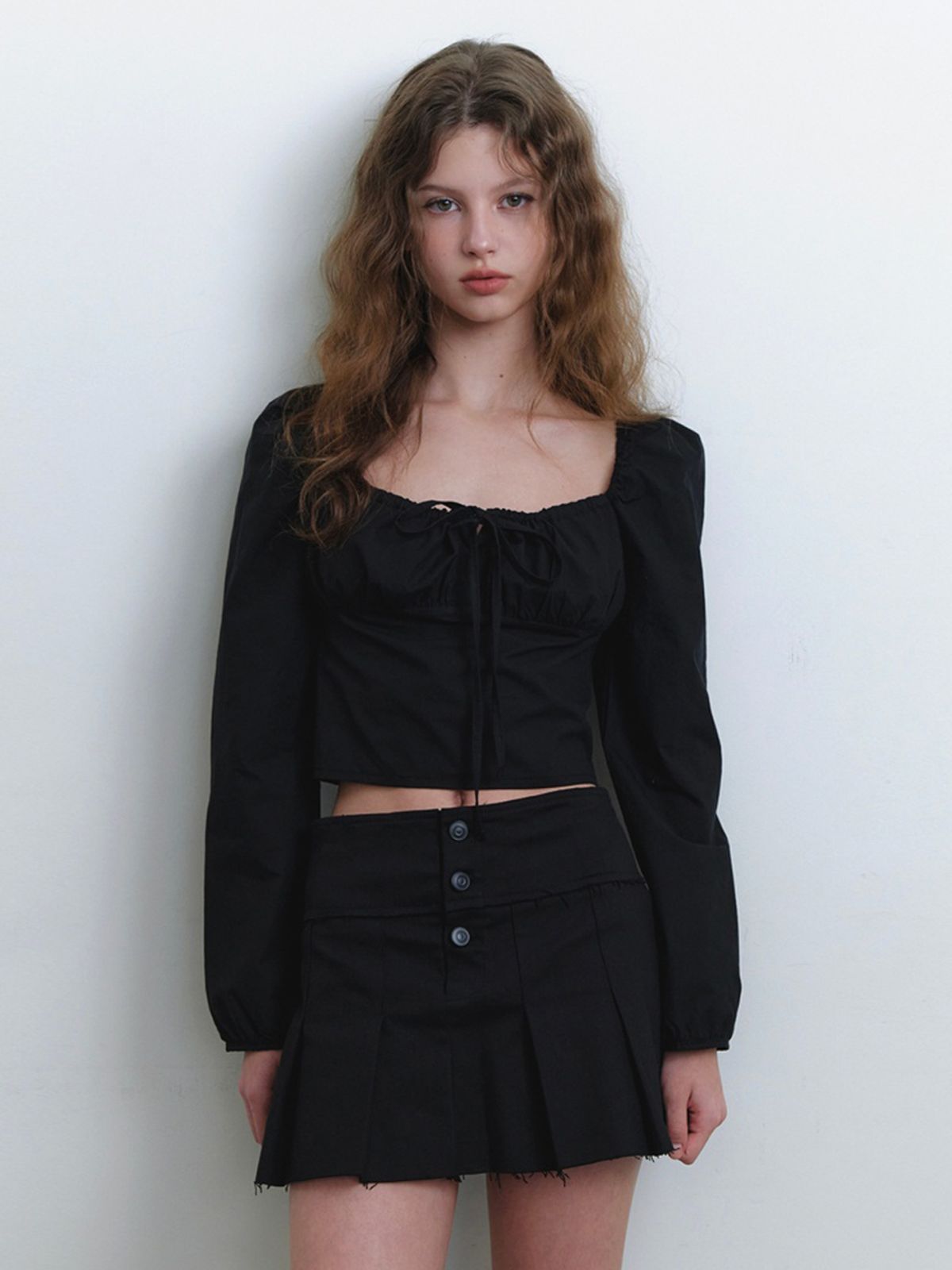 카인더베이비(KINDABABY) ribbon point shirring blouse - black