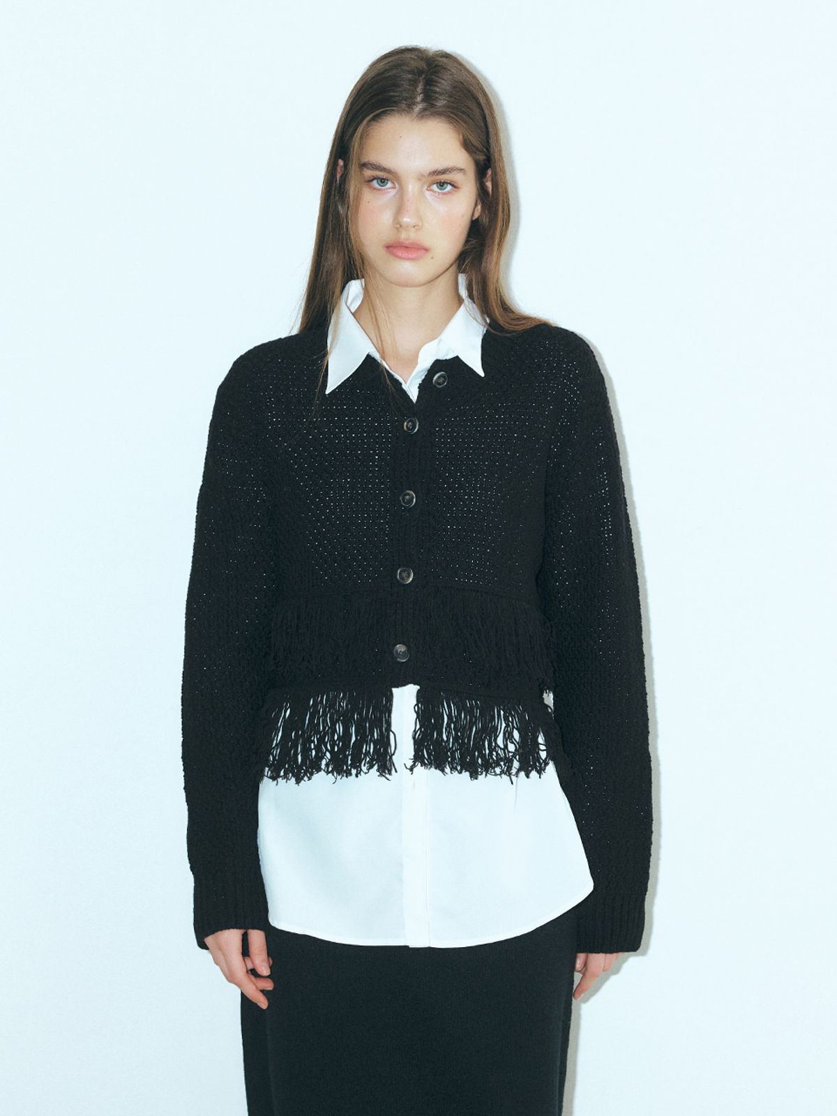 에트몽(ETMON) Layer Fringe Knit Cardigan, Black