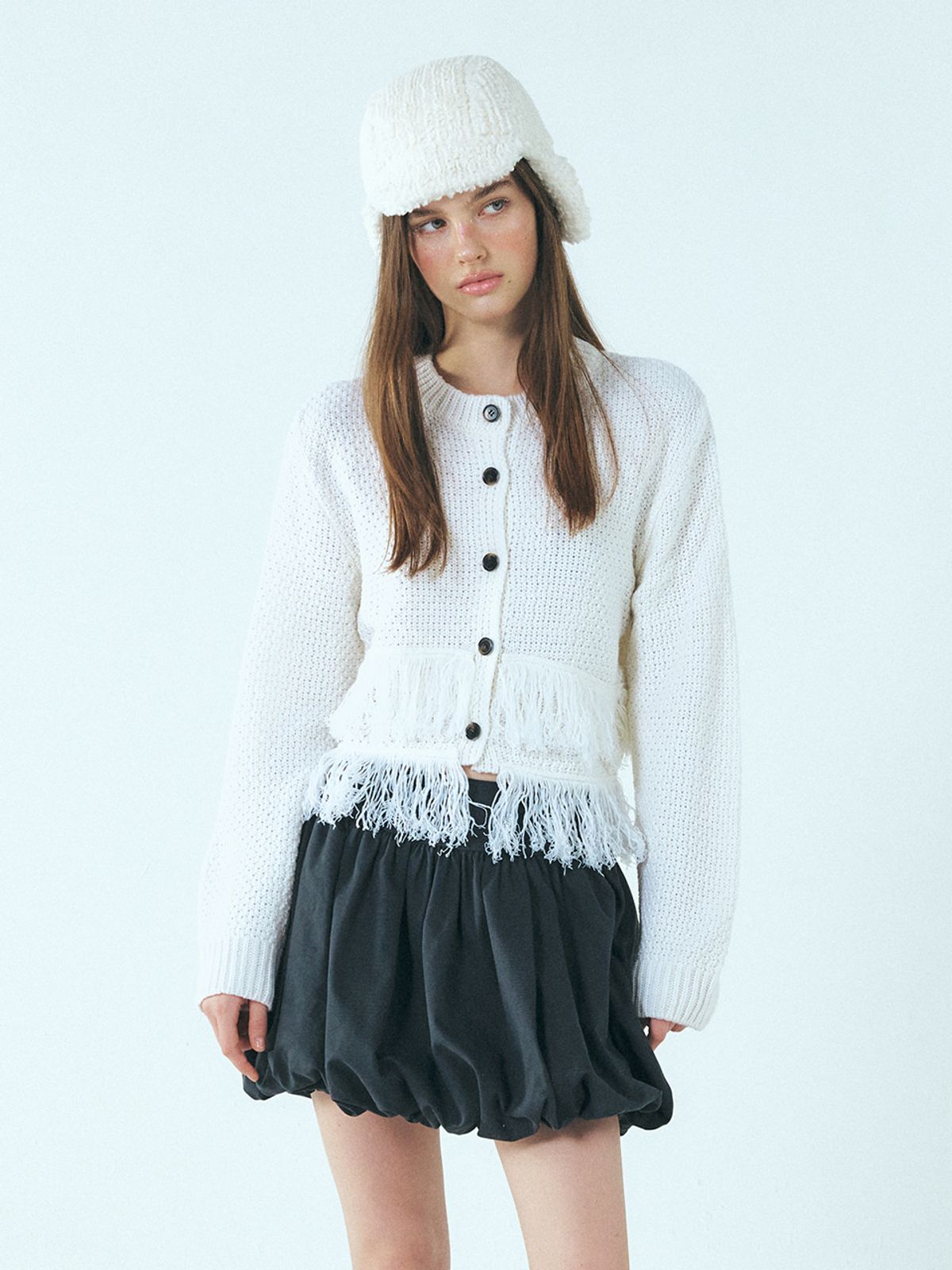 에트몽(ETMON) Layer Fringe Knit Cardigan, Ivory