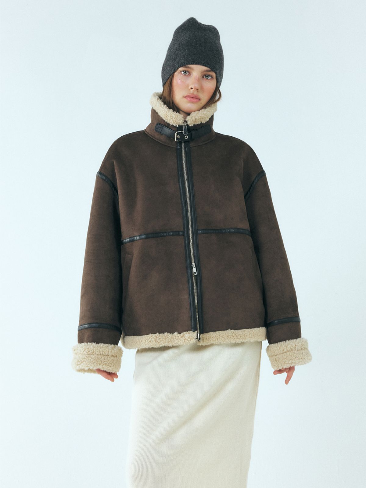 에트몽(ETMON) Lined Suede Mustang Coat, Charcoal