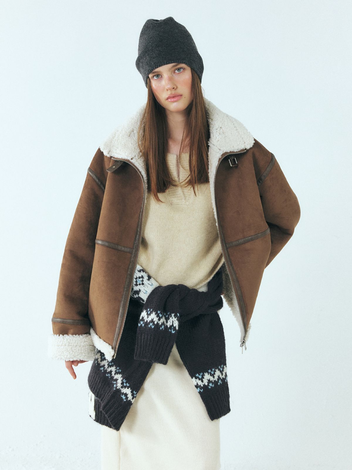 에트몽(ETMON) Lined Suede Mustang Coat, Brown