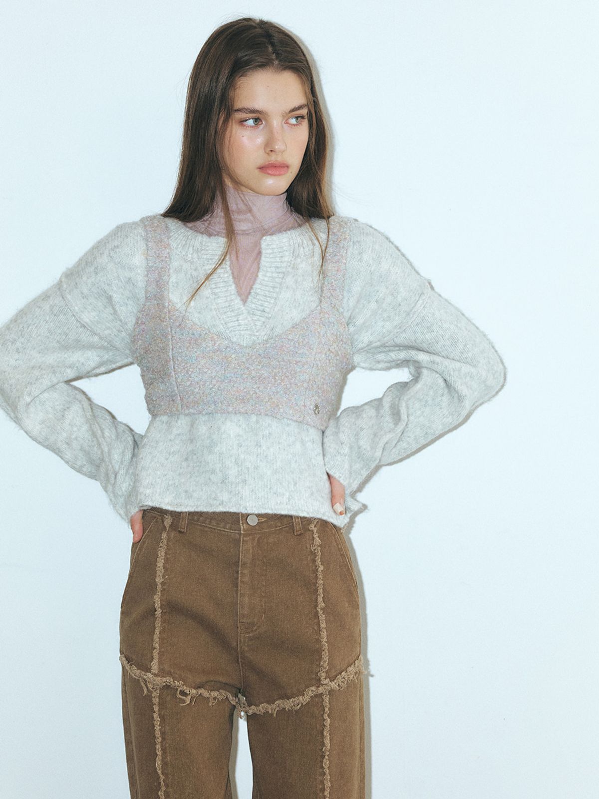 에트몽(ETMON) Boucle Tweed Bustier, Light Grey
