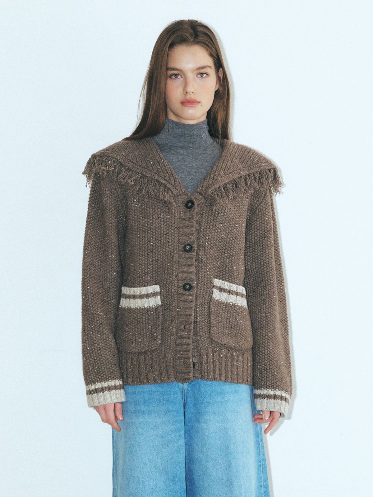 에트몽(ETMON) Fringe Sailor Wool Knit Cardigan, Mocha Brown