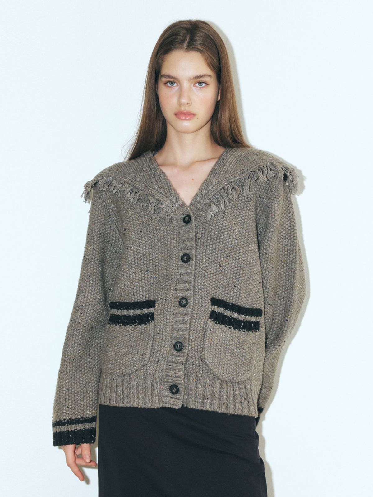 에트몽(ETMON) Fringe Sailor Wool Knit Cardigan, Charcoal