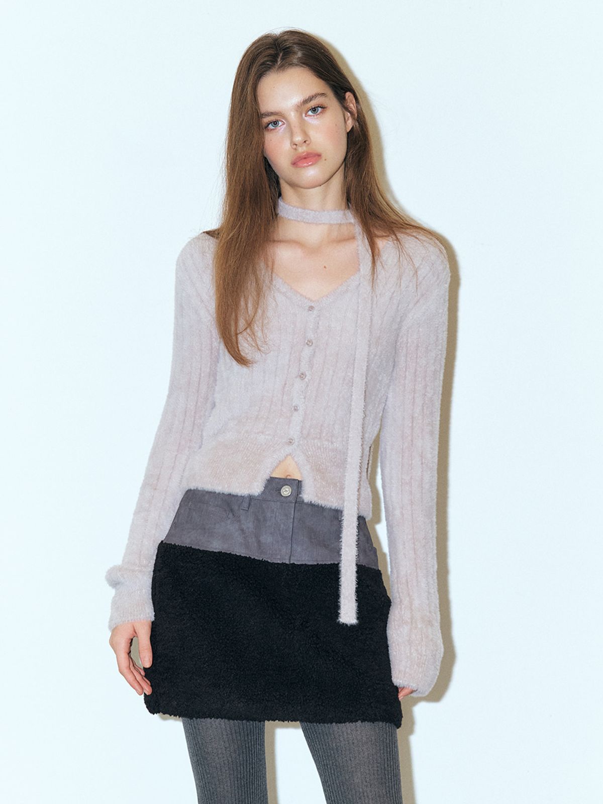 에트몽(ETMON) Fluffy Scarf Knit Cardigan, Warm Grey