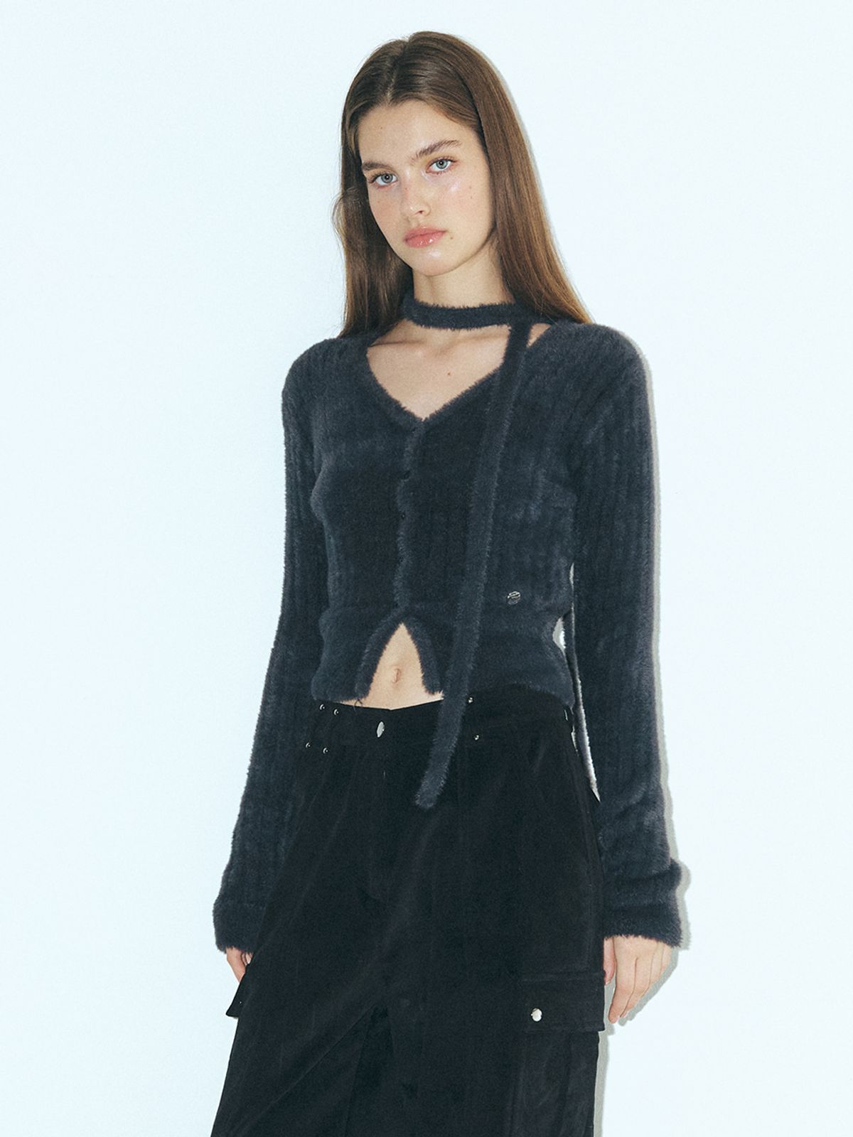 에트몽(ETMON) Fluffy Scarf Knit Cardigan, Charcoal