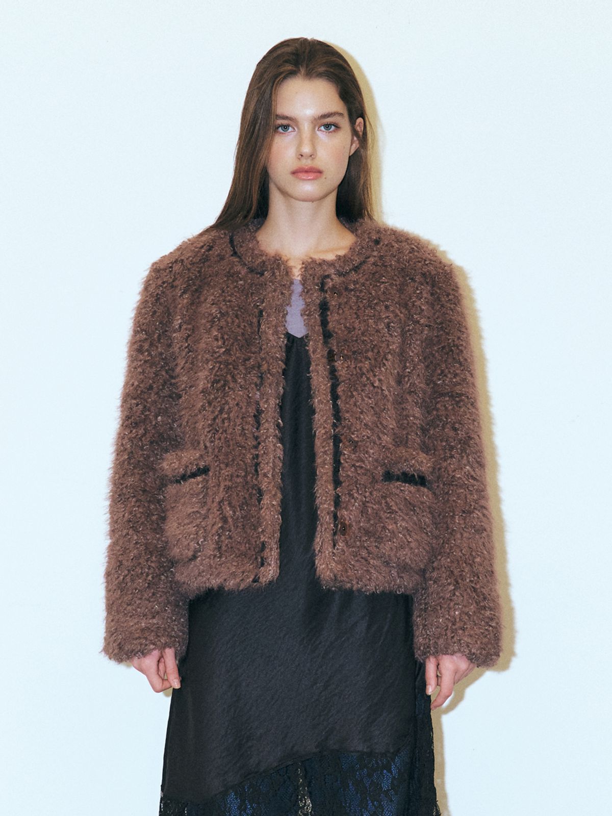 에트몽(ETMON) Trimmed Curling Fur Coat, Brown