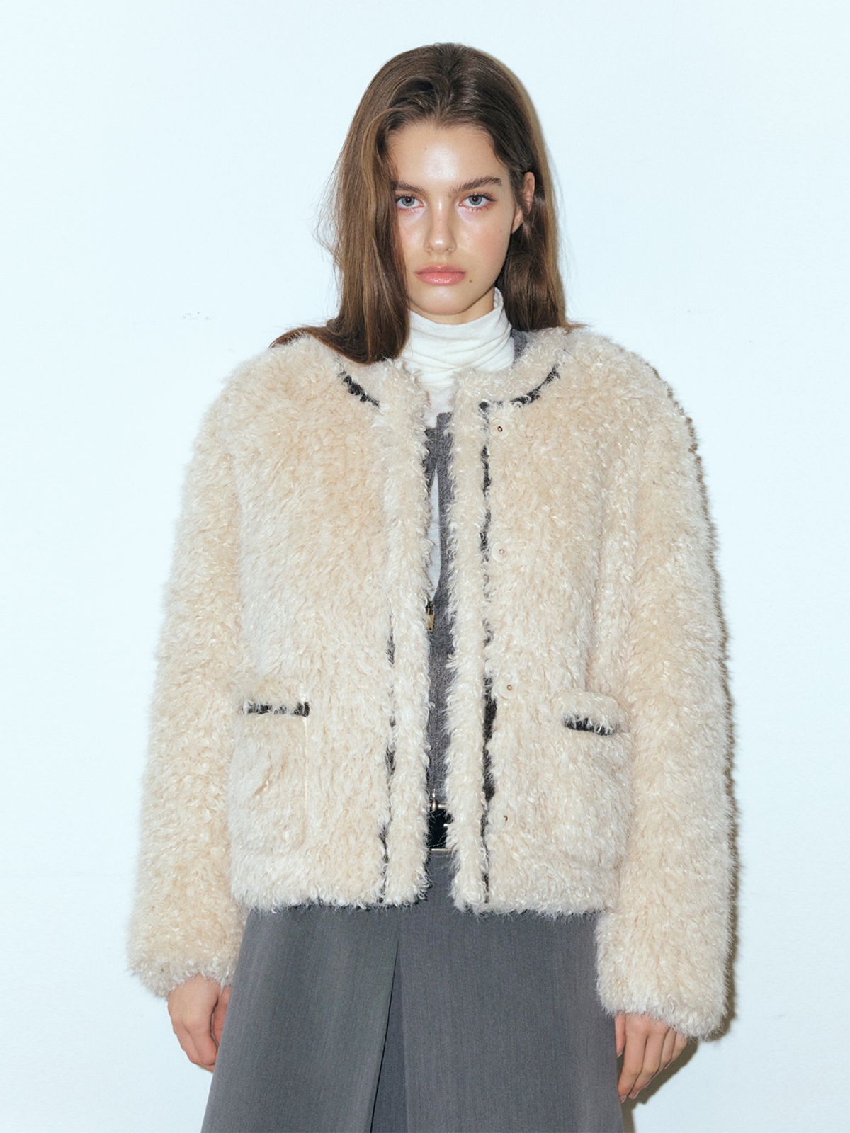 에트몽(ETMON) Trimmed Curling Fur Coat, Light Beige