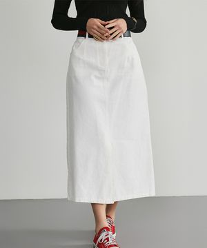 슬림 A라인 벨티드 면 롱스커트