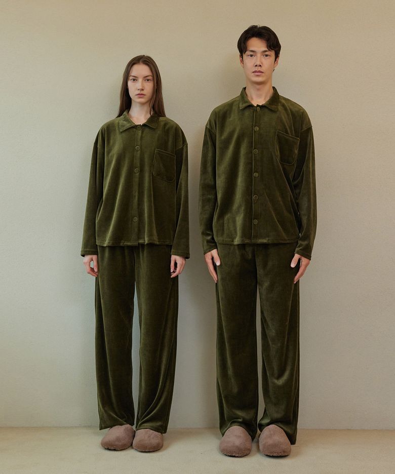 VELOUR PAJAMA COUPLE SET_olive