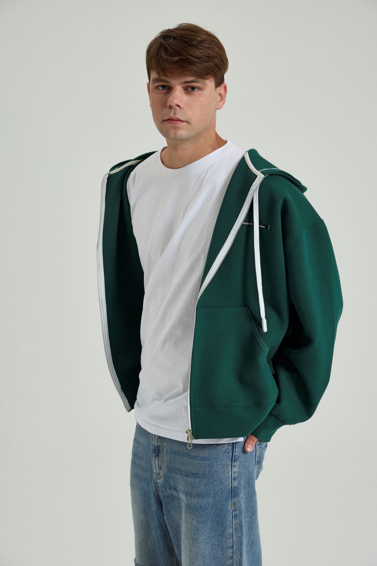 셀피시어펙션(SELFISHAFFECTION) Contrast Color Oversized Zip-Up Hoodie (Green)