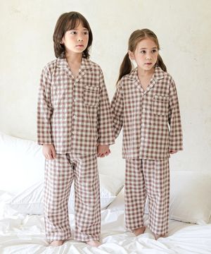 142 브라운 피치심플체크 긴소매 파자마세트