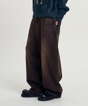 웨이브 벌룬 와이드 데님 팬츠 - 다크브라운
