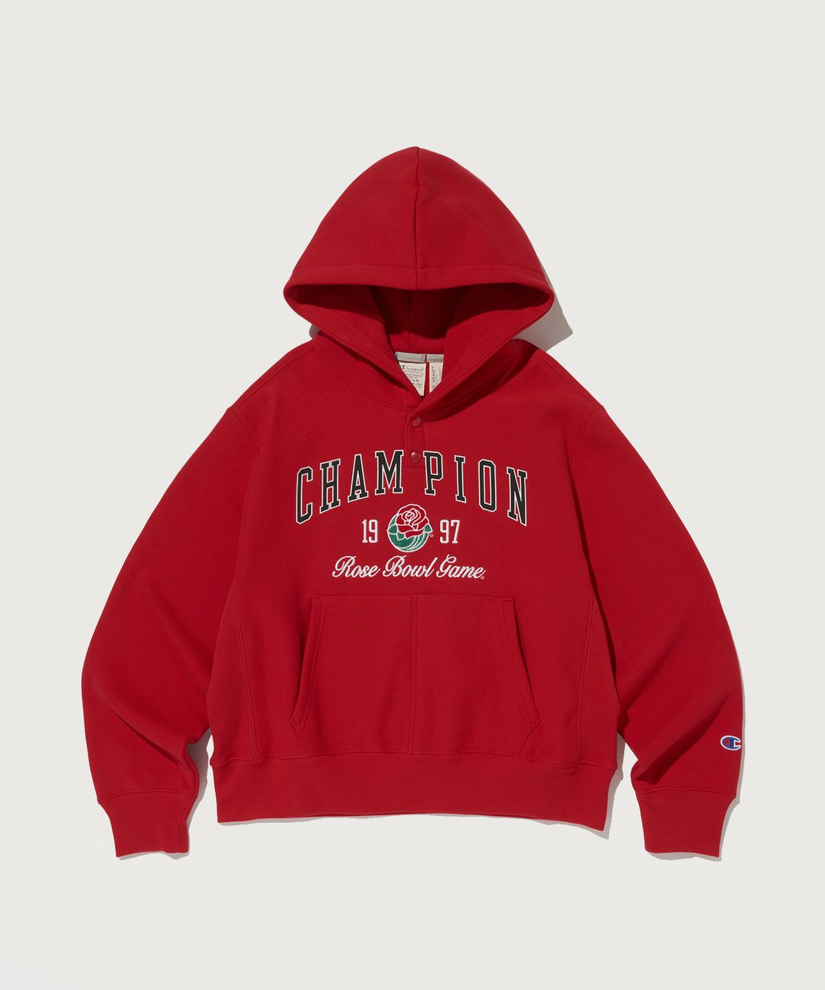챔피온(CHAMPION) 여성 리버스위브 기모 세미 크롭 후드 티셔츠 Normal Red