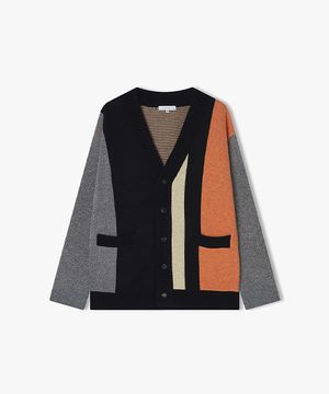 [24FW] LKW51405 블랙 세로 블럭 배색 가디건