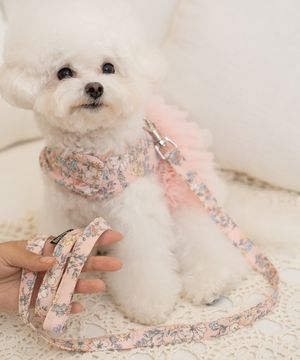 강아지 플라워 하네스+리드줄 세트 핑크