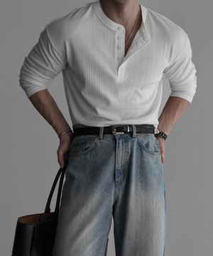 패턴 레귤러 헨리넥 니트티 [아이보리]