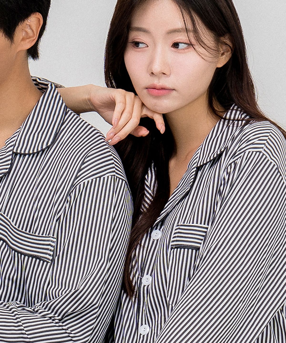 에이원(AONE) [SET] 커플 피치기모 클래식 라인 카라 잠옷