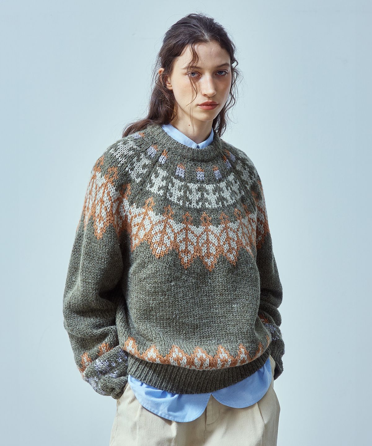 유니폼브릿지(UNIFORM BRIDGE) nordic crew neck knit(womens) olive green