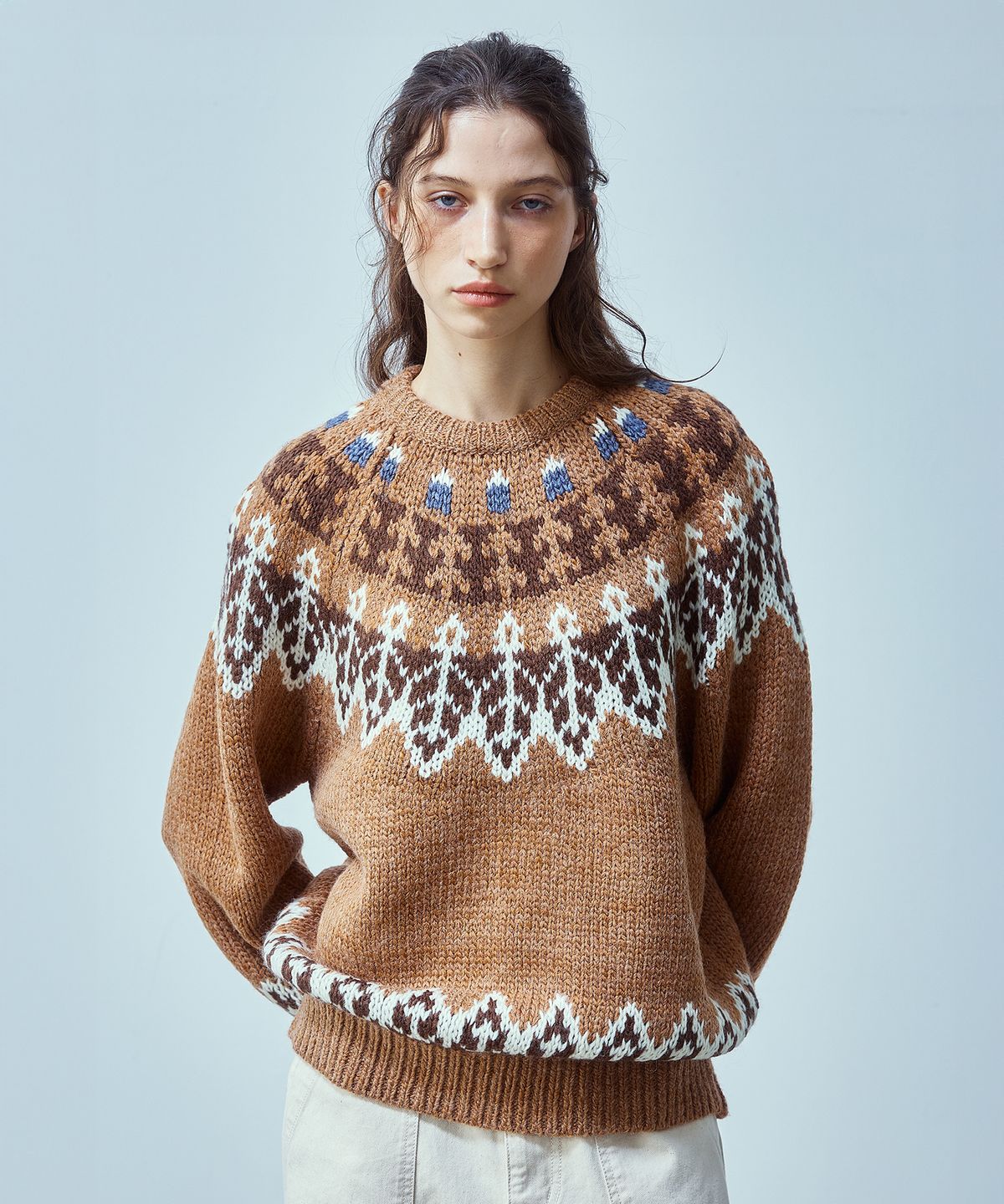 유니폼브릿지(UNIFORM BRIDGE) nordic crew neck knit(womens) camel