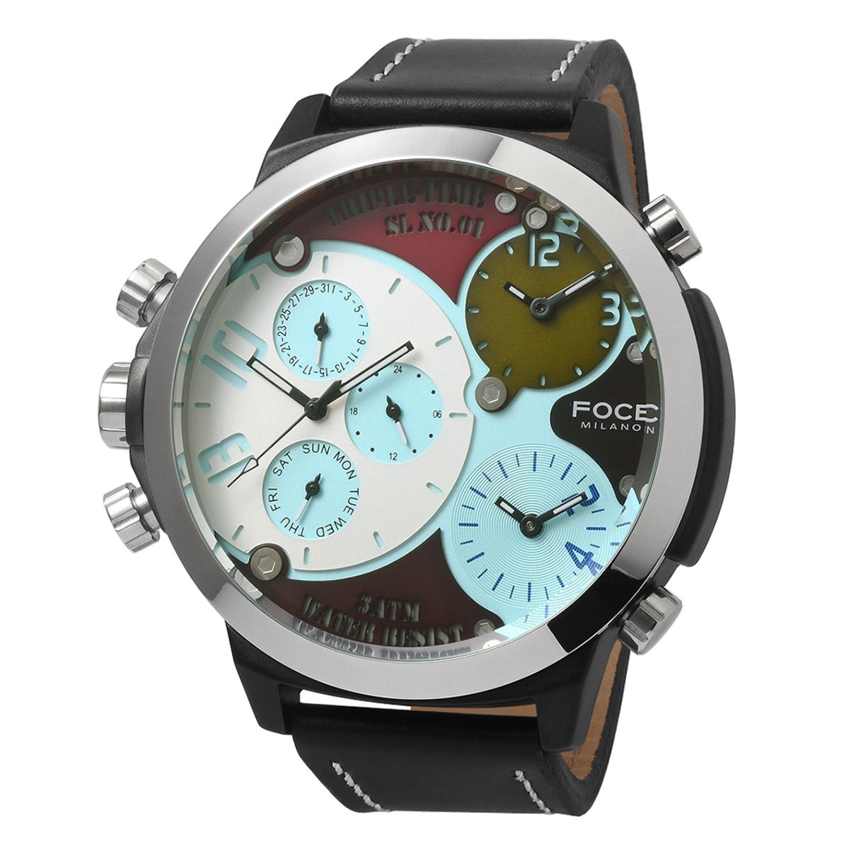 포체(FOCE) 55mm 남성 빅다이알 쓰리타임 메탈시계 FM7745L-WP