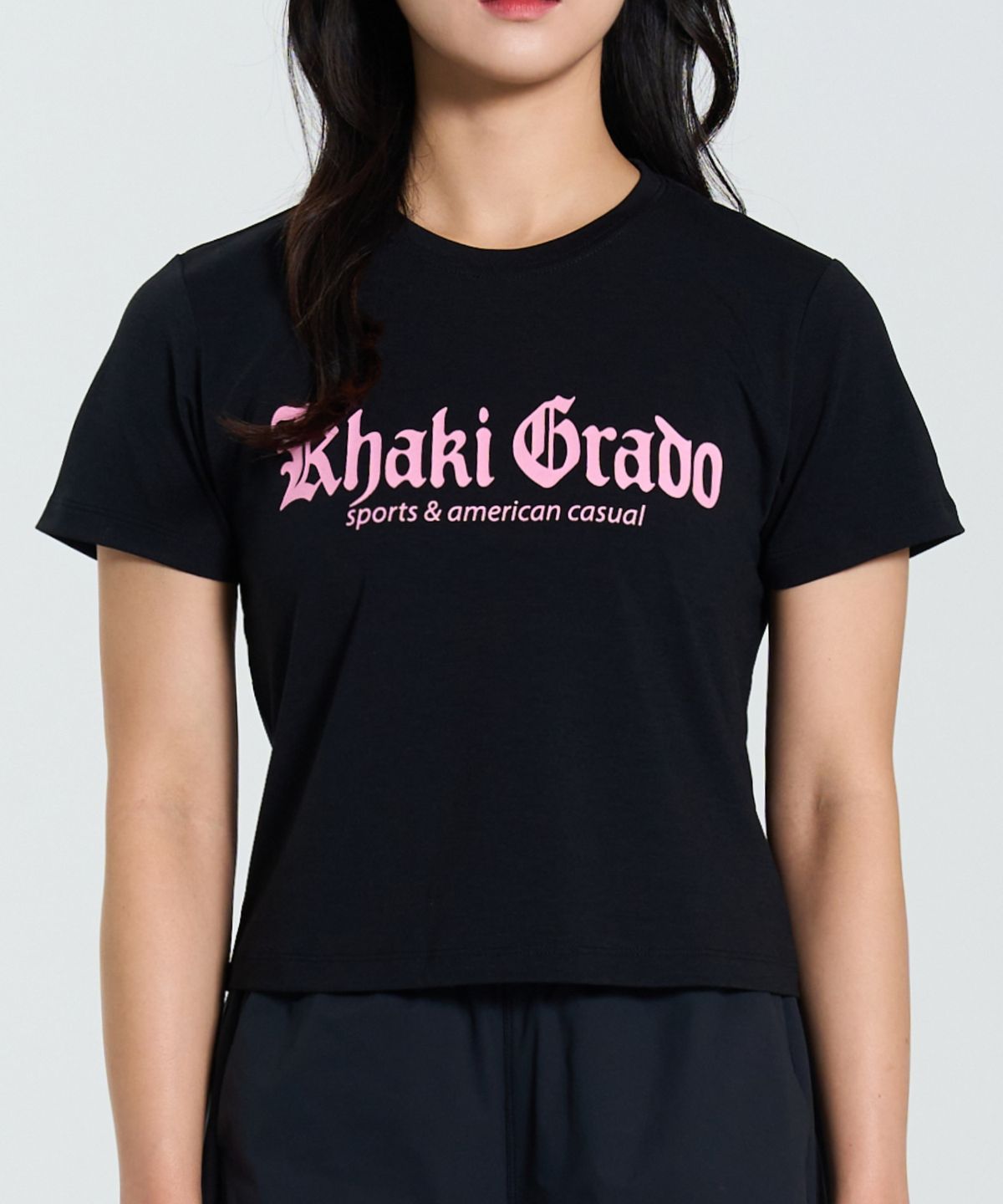 카키그라도(KHAKI GRADO) 불꽃 로고 크롭 반팔 티셔츠 (Black-Pink)