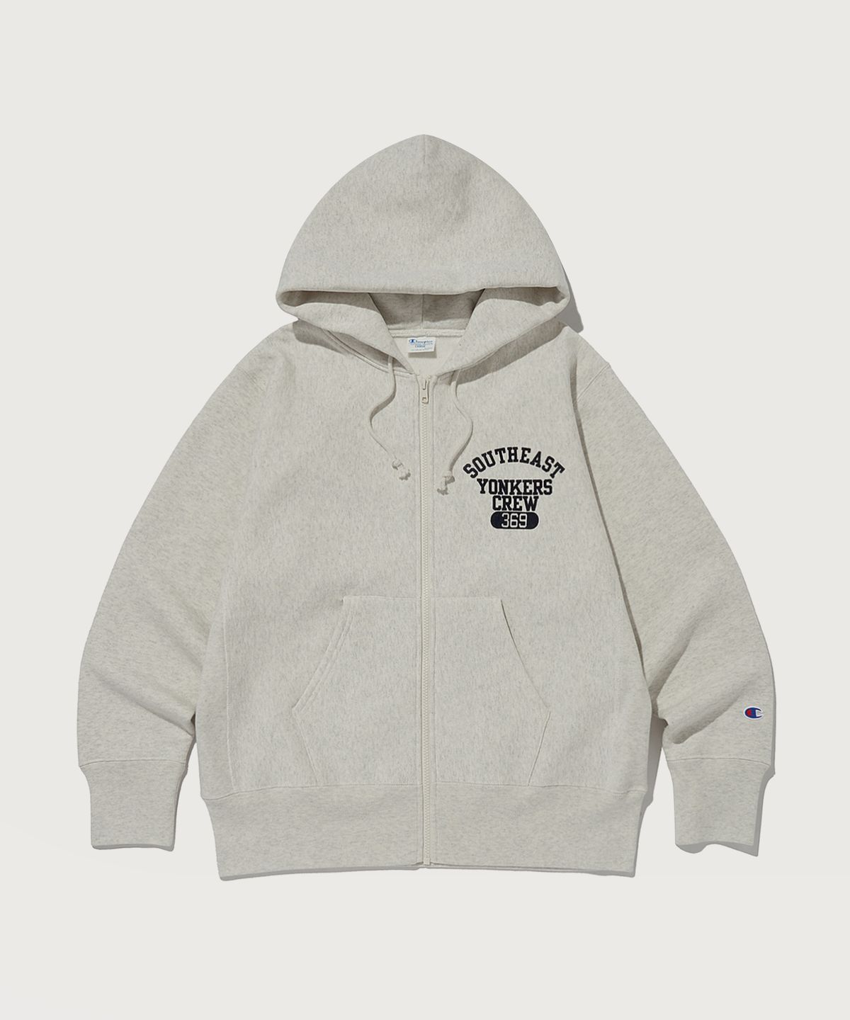 챔피온(CHAMPION) 리버스위브 블루택 기모 그래픽 릴렉스핏 후드 집업 Cream