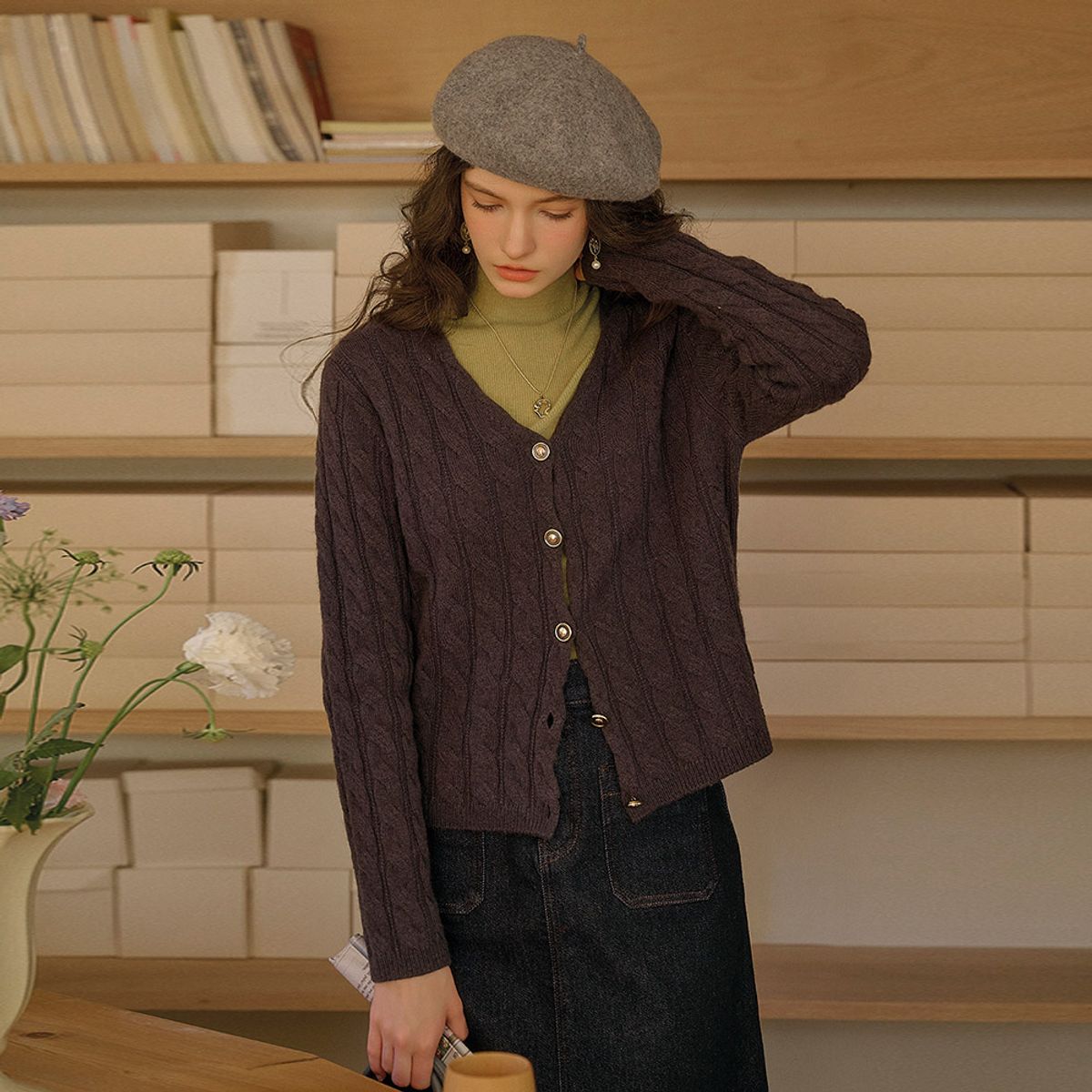 심플레트로(SIMPLE RETRO) SR_Wool cable knit cardigan_GRAY